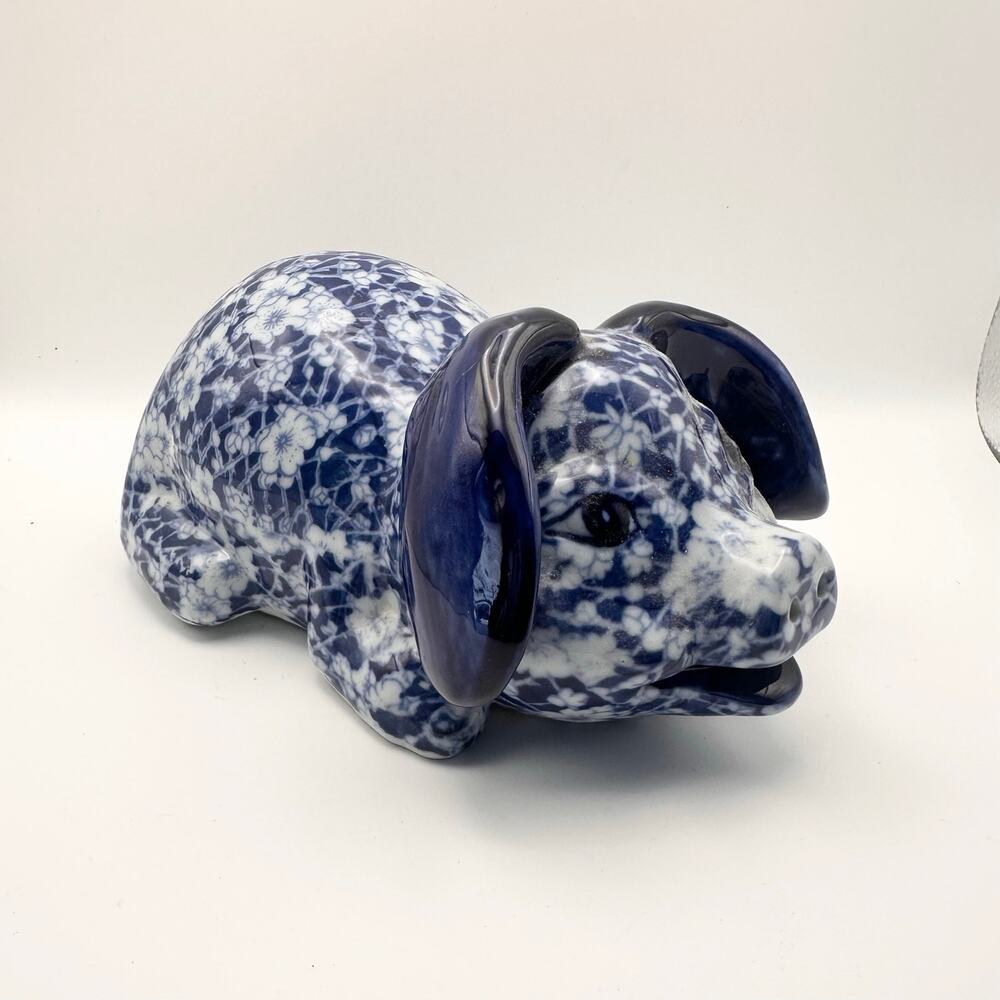 Victoria Ware Ironstone Blue White Floral Chintz Seated Pig Figurine Farmhouse